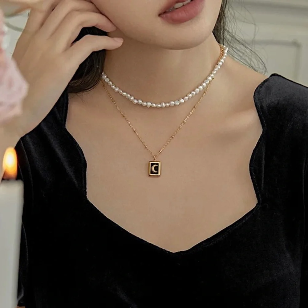 Black pendant necklace, gold moon pendant necklace, celestial moon necklace